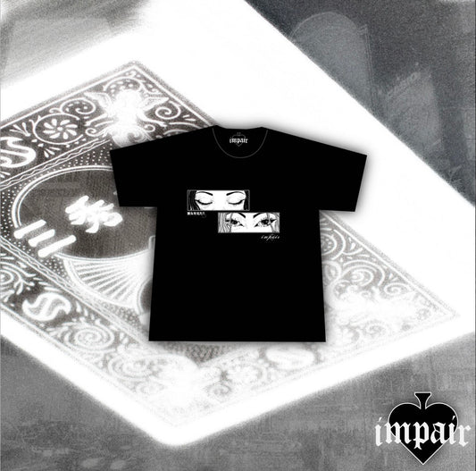 Black t-shirt with graphic design on a playing card background